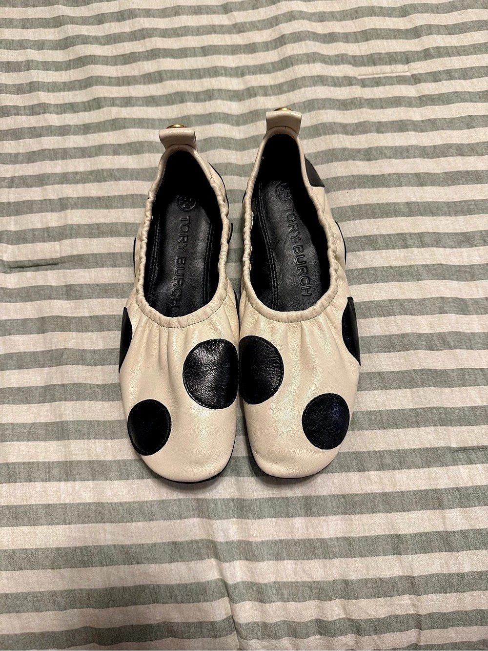 Tory Burch Minnie Travel Ballet Flat Polka Dot Leather Flats in Cream & Black 7